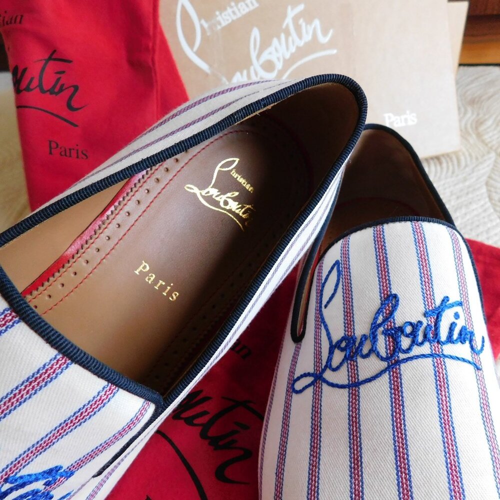 NIB Louboutin Dandelion slip on embroidered loafer Pic Nic stripe toile flat 43 - Picture 4 of 16
